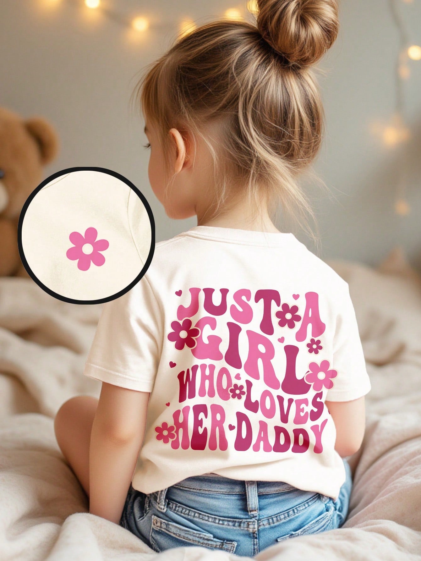 Happikins Casual Baby Girl Round Neck Short Sleeve Shirt With "Just A Girl Who Loves Her Daddy" Text, Suitable For Summer