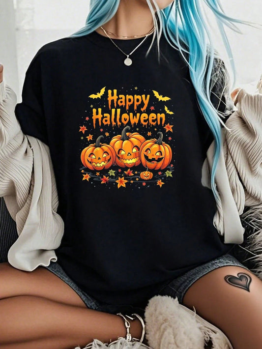 Happy Halloween Pumpkin-Shirt% Cotton Black Art Crew Neck Unisex-Shirt Women And Men