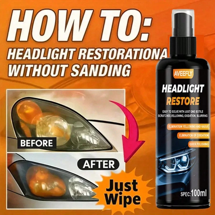 Headlight Cleaner Spray Headlight Restoration Removes Haze, Oxidation & Yellowing In Minutes Restores Clarity To Foggy & Yellow Headlamp Works On Car, Truck, Motorcycle- 3.4oz/100ml