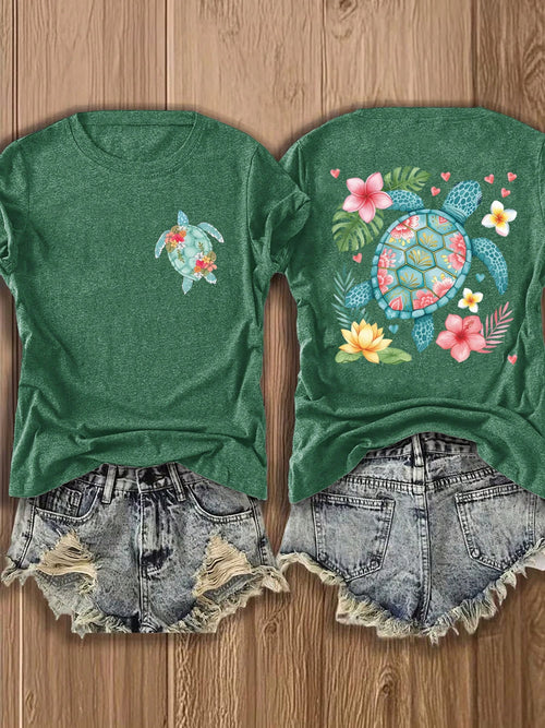 Heather Green Oversized Tee, Double-Sided Tropical Sea Turtle Floral Print Soft Cotton Beach Vacation Casual Unisex T-Shirt