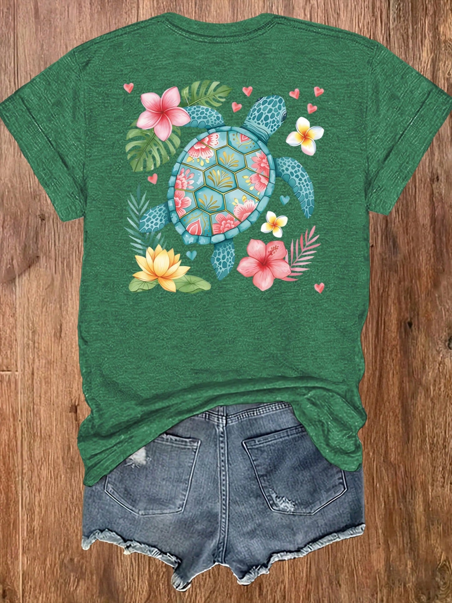 Heather Green Oversized Tee, Double-Sided Tropical Sea Turtle Floral Print Soft Cotton Beach Vacation Casual Unisex T-Shirt