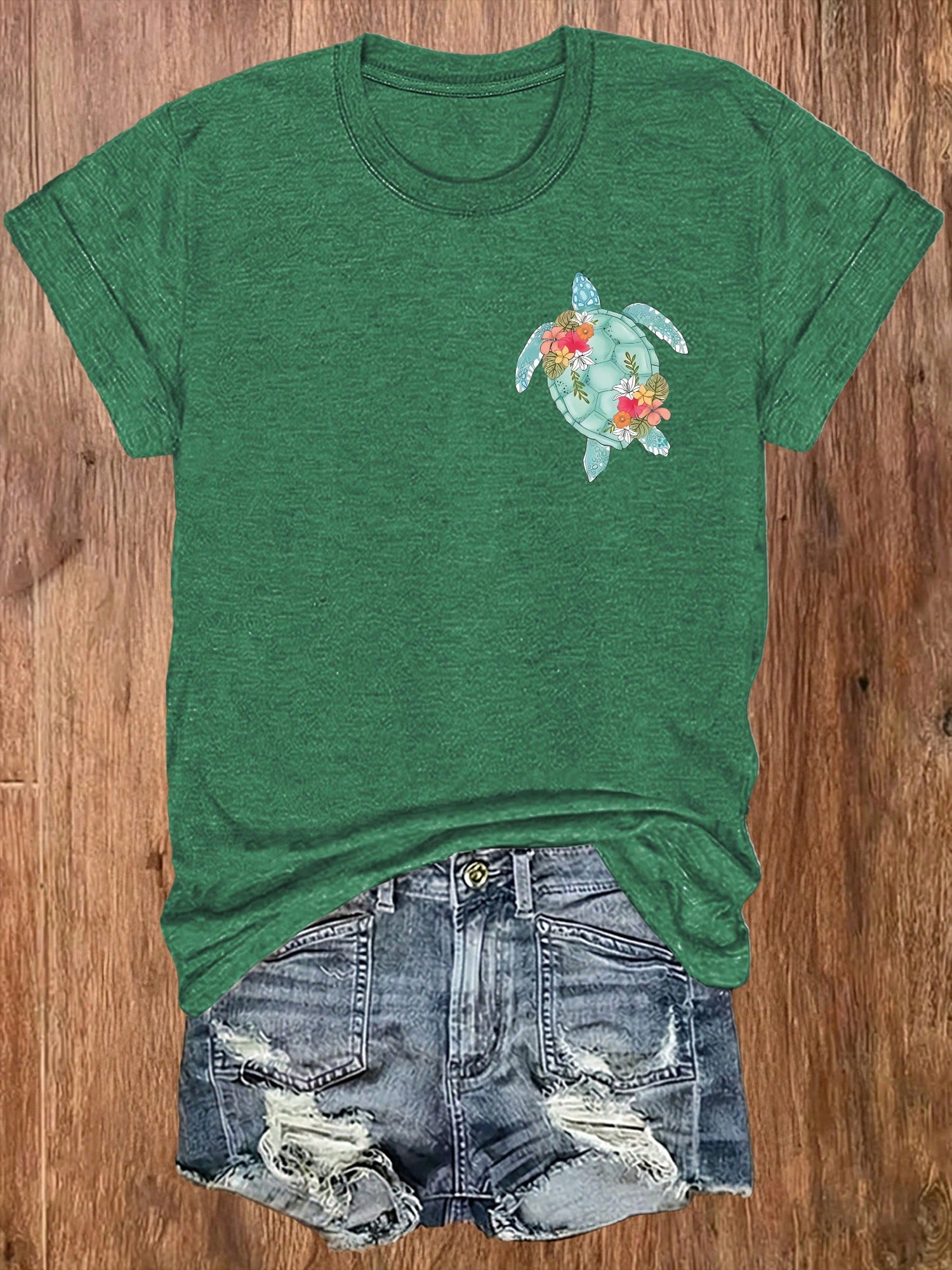 Heather Green Oversized Tee, Double-Sided Tropical Sea Turtle Floral Print Soft Cotton Beach Vacation Casual Unisex T-Shirt