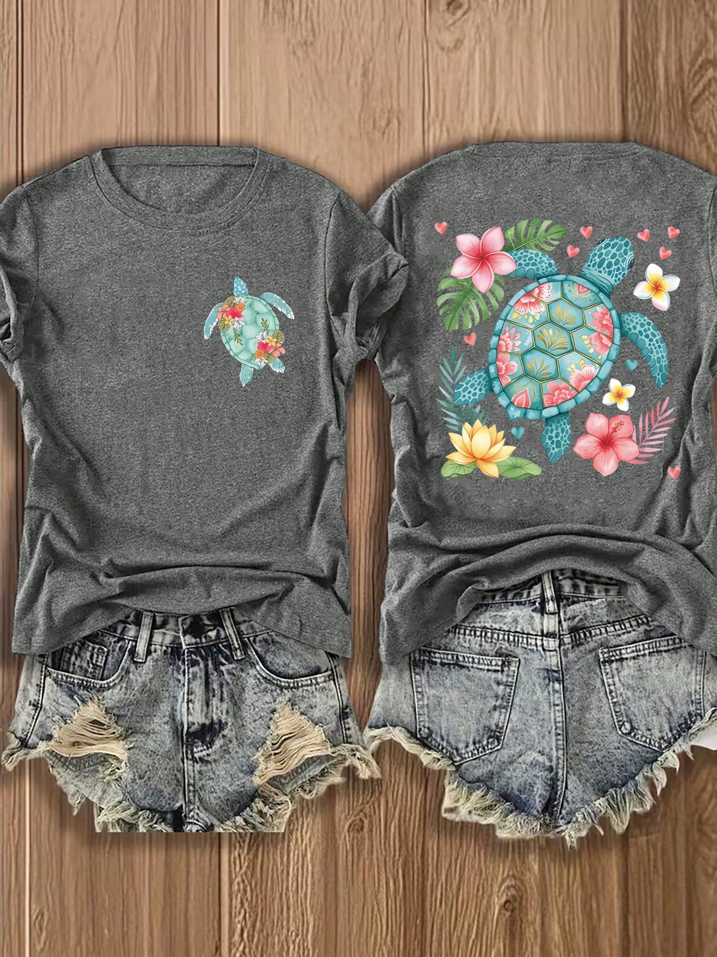 Heather Green Oversized Tee, Double-Sided Tropical Sea Turtle Floral Print Soft Cotton Beach Vacation Casual Unisex T-Shirt