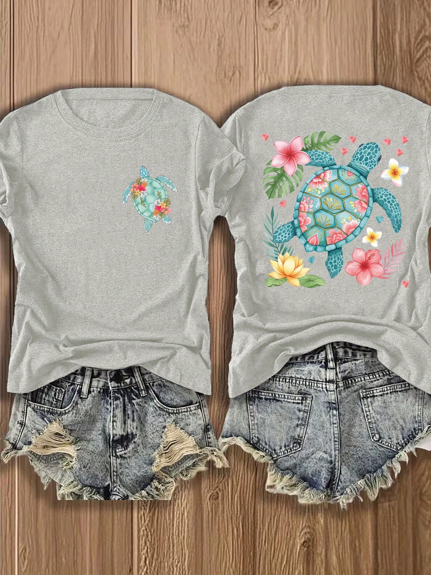Heather Green Oversized Tee, Double-Sided Tropical Sea Turtle Floral Print Soft Cotton Beach Vacation Casual Unisex T-Shirt