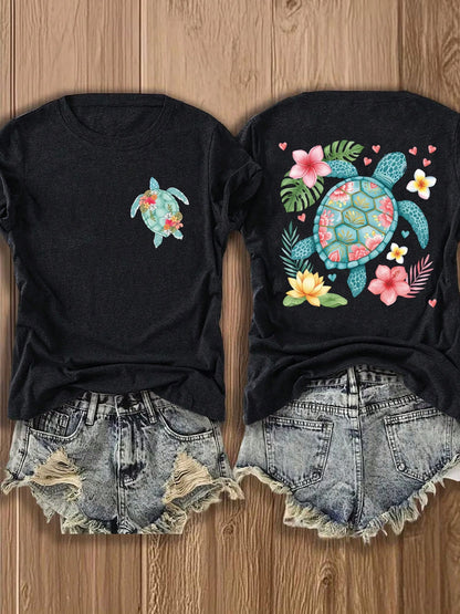 Heather Green Oversized Tee, Double-Sided Tropical Sea Turtle Floral Print Soft Cotton Beach Vacation Casual Unisex T-Shirt