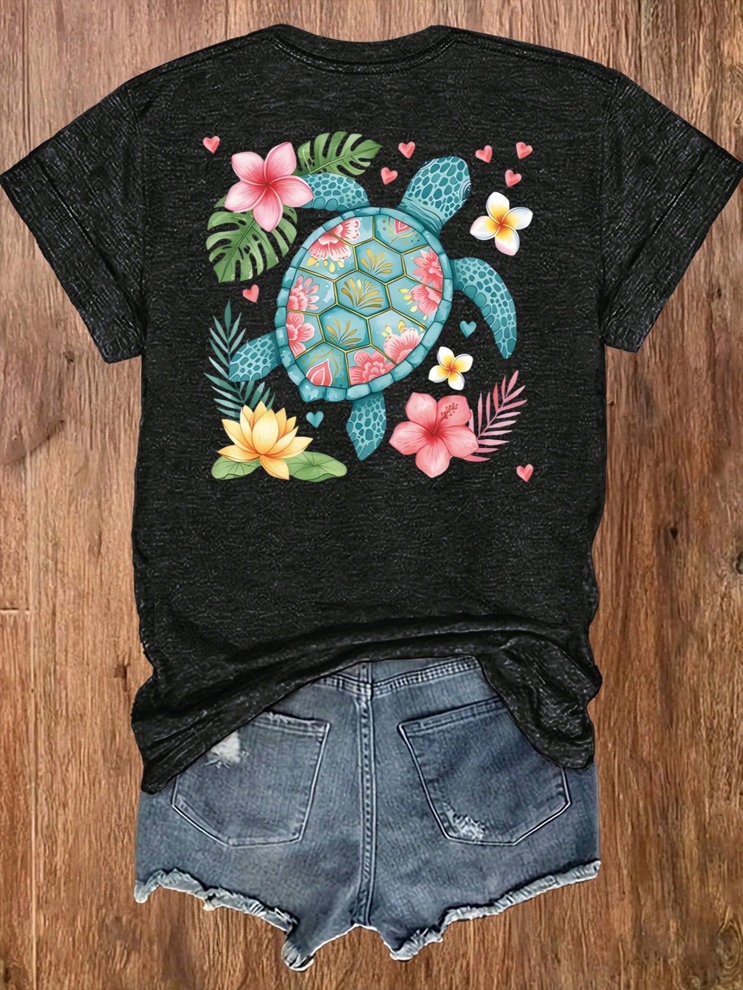 Heather Green Oversized Tee, Double-Sided Tropical Sea Turtle Floral Print Soft Cotton Beach Vacation Casual Unisex T-Shirt
