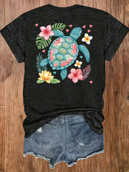 Heather Green Oversized Tee, Double-Sided Tropical Sea Turtle Floral Print Soft Cotton Beach Vacation Casual Unisex T-Shirt