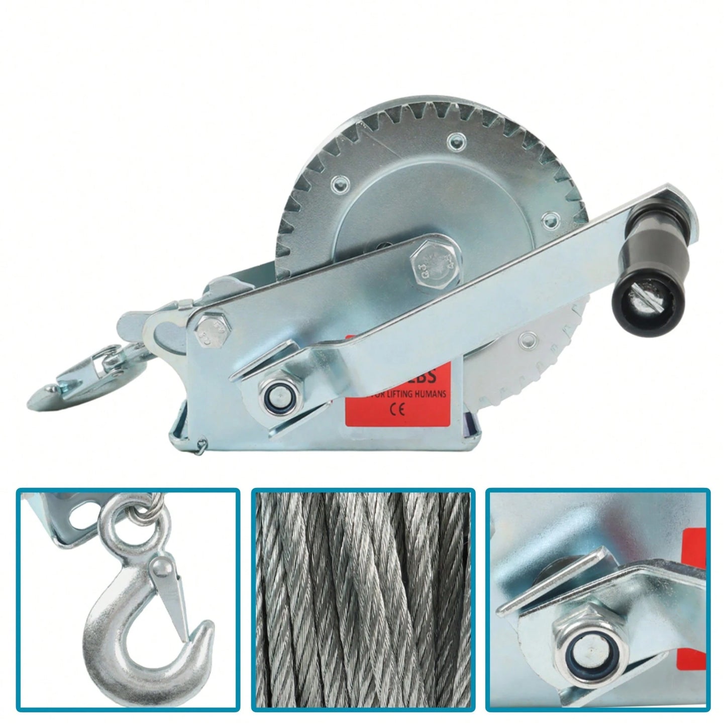Heavy Duty Hand Winch 1600lbs High Carbon Steel Silver With 32Ft Rope For ATVs Trailers Auto Marine