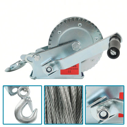 Heavy Duty Hand Winch 1600lbs High Carbon Steel Silver With 32Ft Rope For ATVs Trailers Auto Marine
