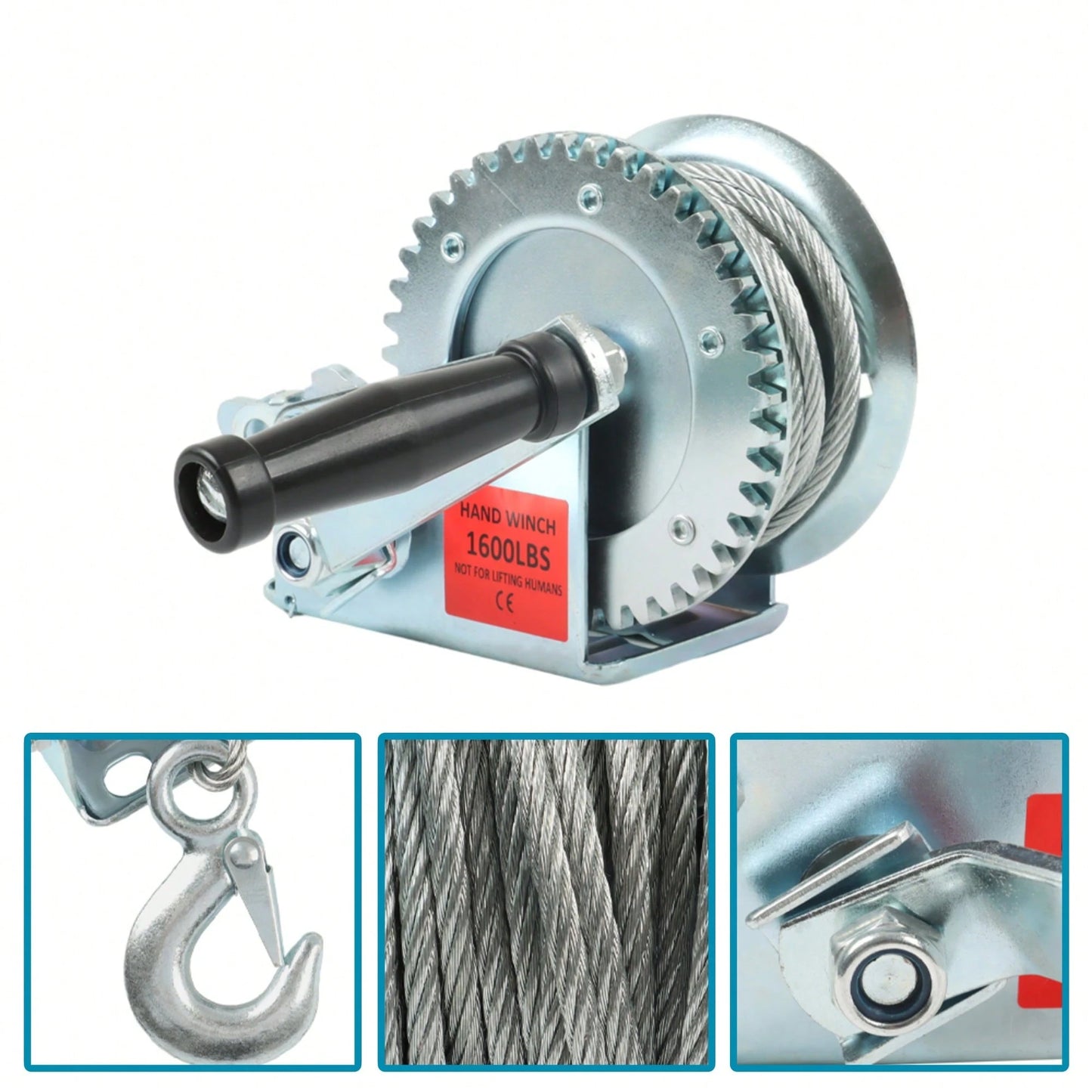 Heavy Duty Hand Winch 1600lbs High Carbon Steel Silver With 32Ft Rope For ATVs Trailers Auto Marine