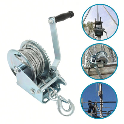 Heavy Duty Hand Winch 1600lbs High Carbon Steel Silver With 32Ft Rope For ATVs Trailers Auto Marine