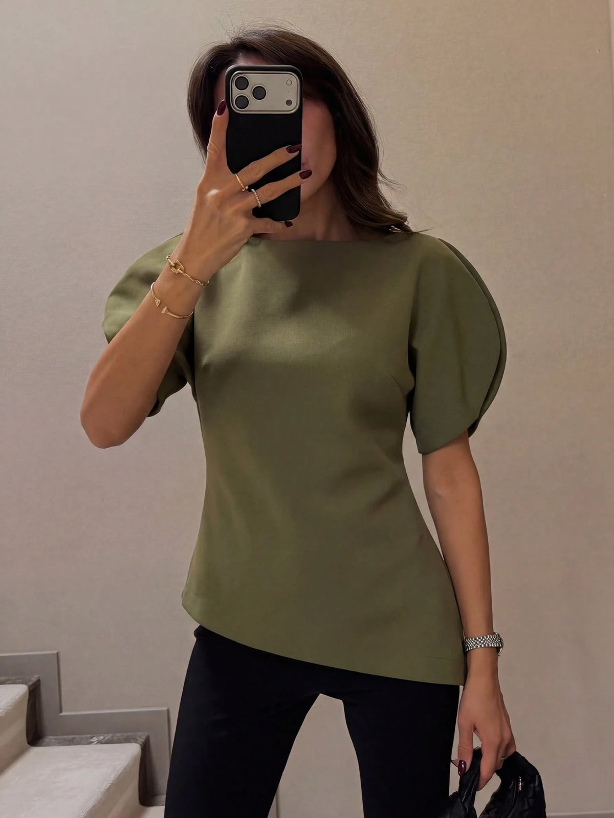 HH Women's Petal Sleeve Cinched Waist Top, New Round Neck Short Sleeve Solid Color Fitted Party Dress, Asymmetric Women's Clothing Summer
