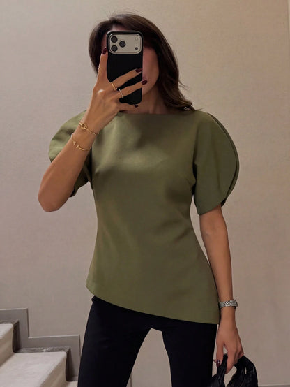 HH Women's Petal Sleeve Cinched Waist Top, New Round Neck Short Sleeve Solid Color Fitted Party Dress, Asymmetric Women's Clothing Summer