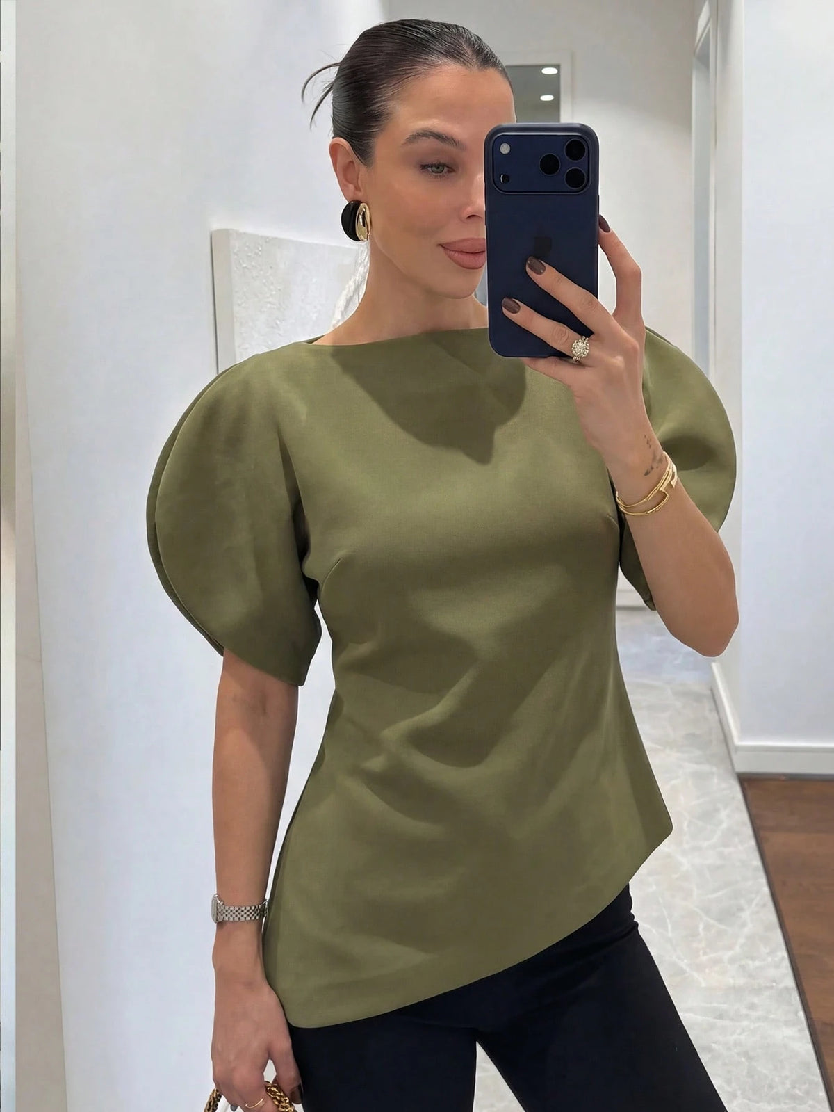 HH Women's Petal Sleeve Cinched Waist Top, New Round Neck Short Sleeve Solid Color Fitted Party Dress, Asymmetric Women's Clothing Summer
