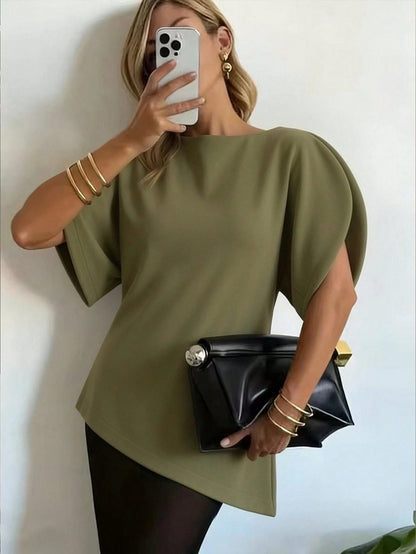 HH Women's Petal Sleeve Cinched Waist Top, New Round Neck Short Sleeve Solid Color Fitted Party Dress, Asymmetric Women's Clothing Summer