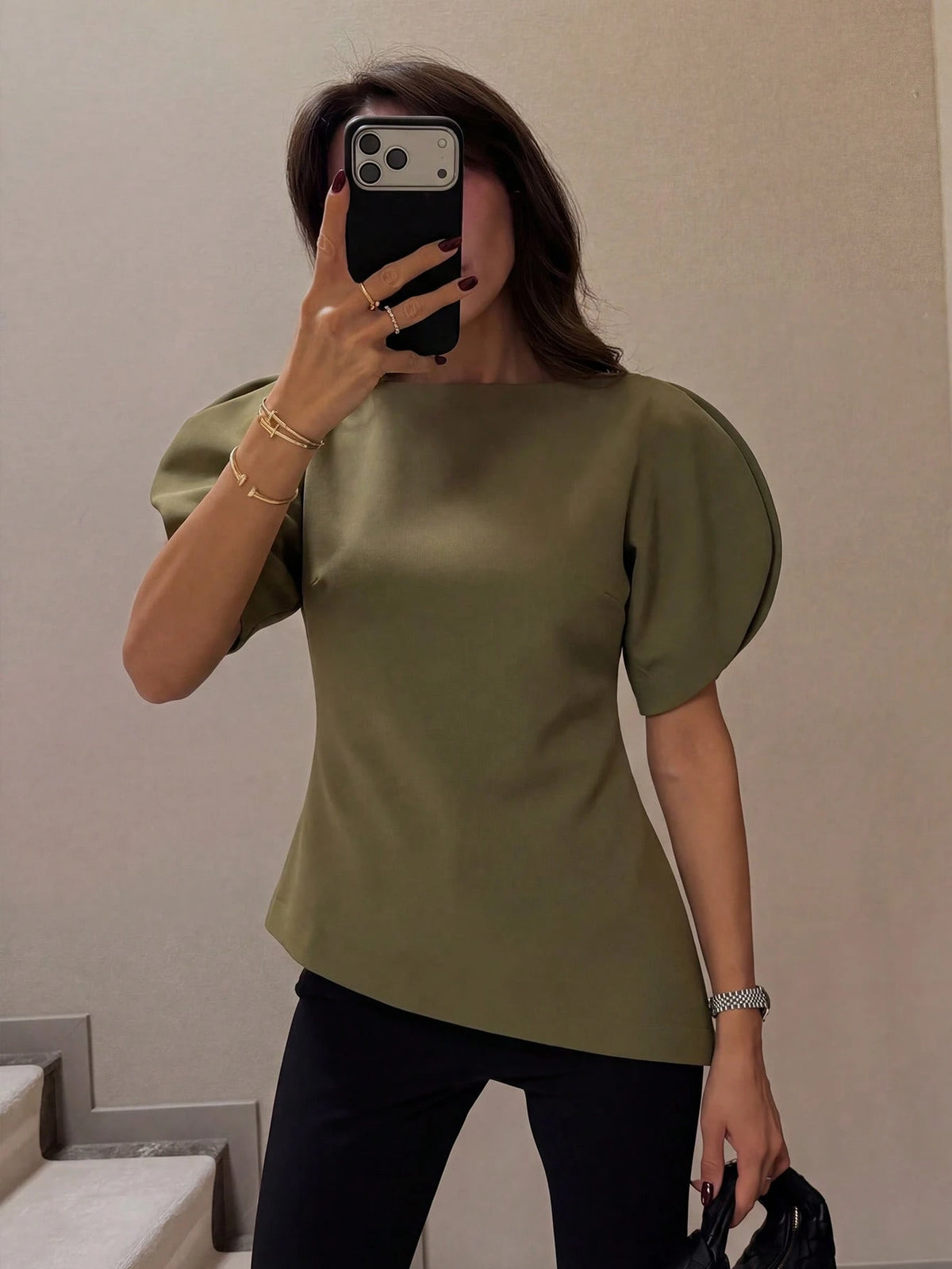 HH Women's Petal Sleeve Cinched Waist Top, New Round Neck Short Sleeve Solid Color Fitted Party Dress, Asymmetric Women's Clothing Summer