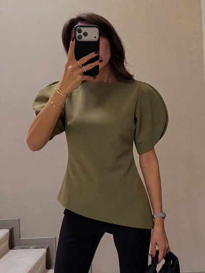 HH Women's Petal Sleeve Cinched Waist Top, New Round Neck Short Sleeve Solid Color Fitted Party Dress, Asymmetric Women's Clothing Summer