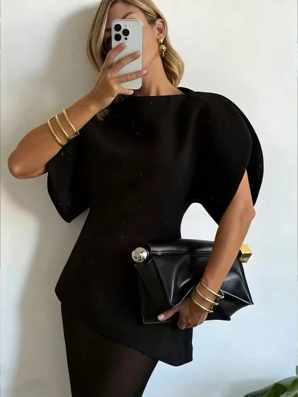 HH Women's Petal Sleeve Cinched Waist Top, New Round Neck Short Sleeve Solid Color Fitted Party Dress, Asymmetric Women's Clothing Summer