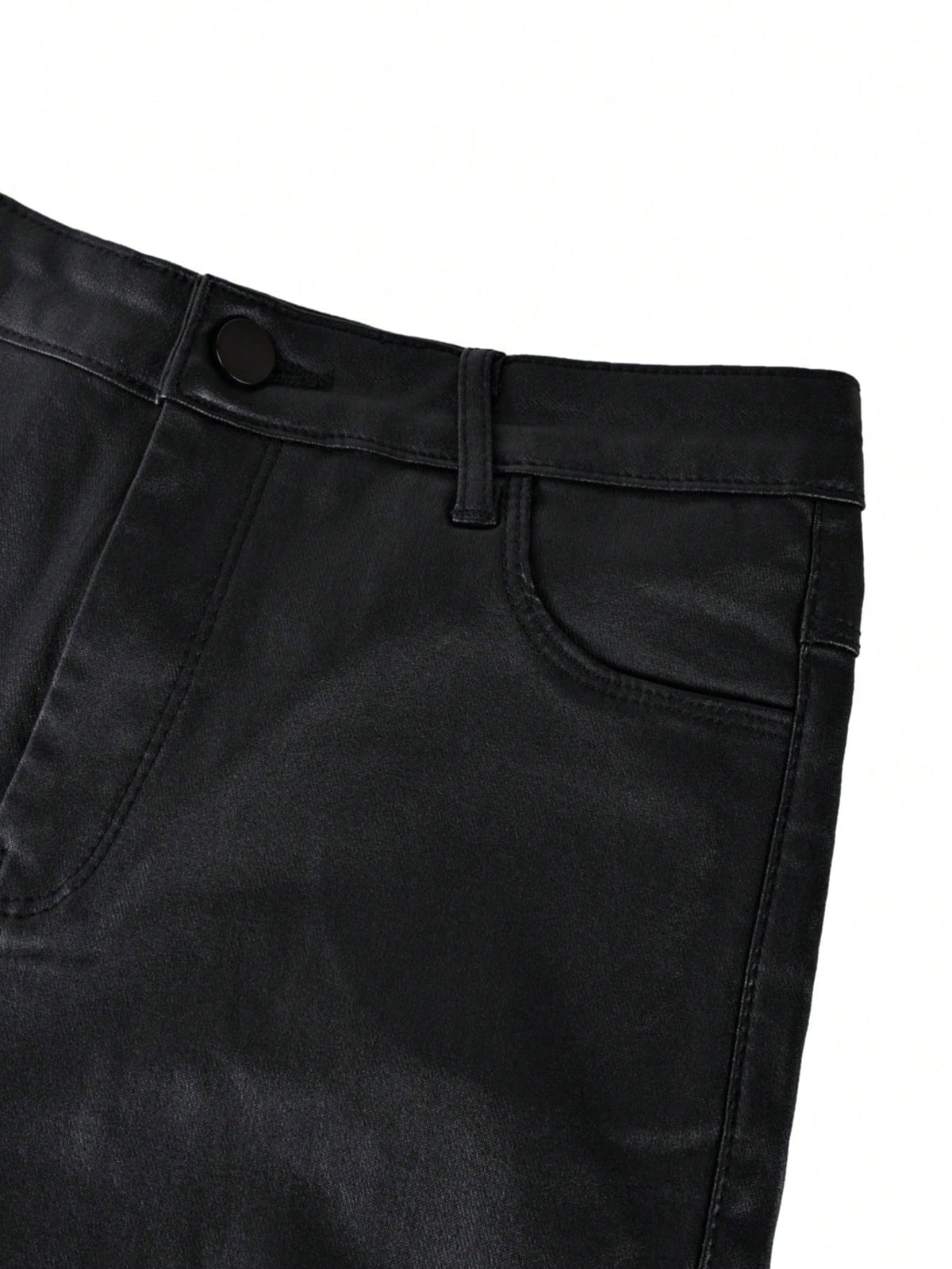 High Waist Button Slant Pocket PU Leather Elastic Skinny Pants, Casual Pants For Music Festival & Party Black, For Women