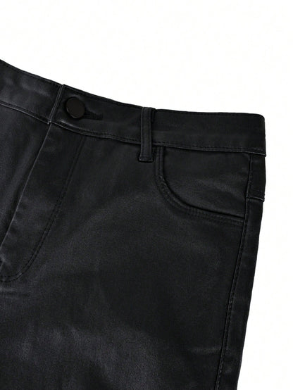 High Waist Button Slant Pocket PU Leather Elastic Skinny Pants, Casual Pants For Music Festival & Party Black, For Women