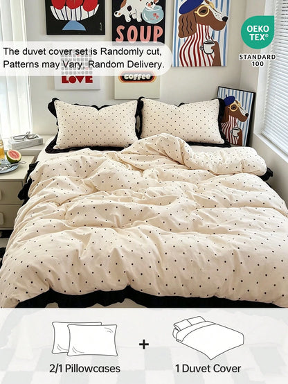 HONEYMOON 2/3pcs Beige Polka Dot Printed Lace Duvet Cover Set (2pcs = 1 Duvet Cover + 1 Pillowcase; 3pcs = 1 Duvet Cover + 2 Pillowcases)- 100% Polyester INS Style Printed Fabric, Soft And Breathable