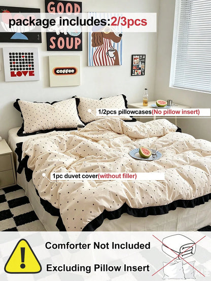 HONEYMOON 2/3pcs Beige Polka Dot Printed Lace Duvet Cover Set (2pcs = 1 Duvet Cover + 1 Pillowcase; 3pcs = 1 Duvet Cover + 2 Pillowcases)- 100% Polyester INS Style Printed Fabric, Soft And Breathable