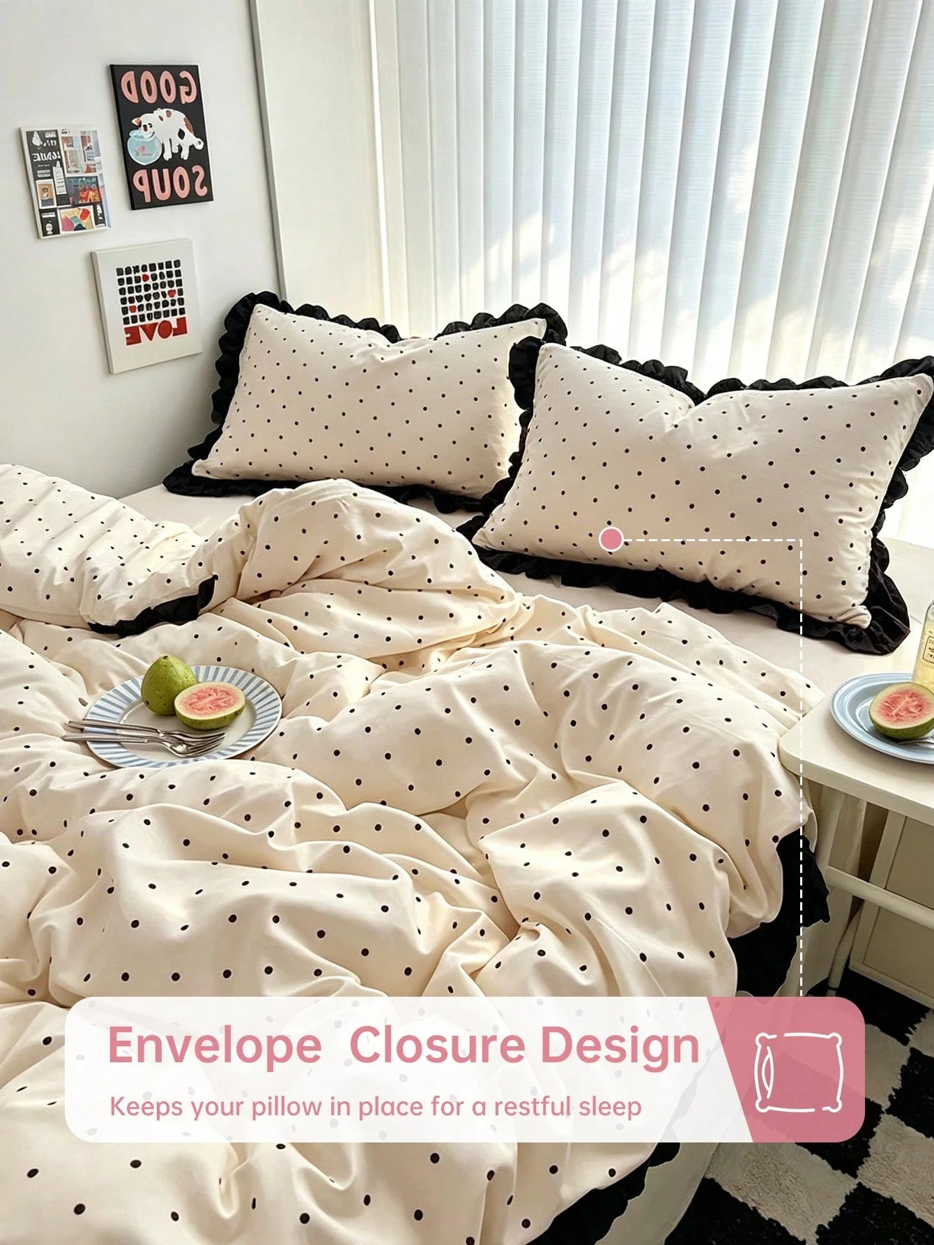 HONEYMOON 2/3pcs Beige Polka Dot Printed Lace Duvet Cover Set (2pcs = 1 Duvet Cover + 1 Pillowcase; 3pcs = 1 Duvet Cover + 2 Pillowcases)- 100% Polyester INS Style Printed Fabric, Soft And Breathable