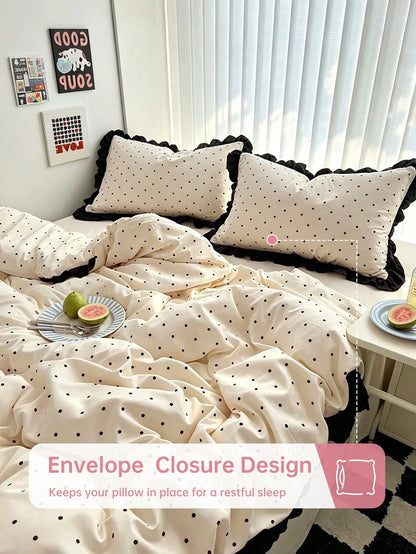 HONEYMOON 2/3pcs Beige Polka Dot Printed Lace Duvet Cover Set (2pcs = 1 Duvet Cover + 1 Pillowcase; 3pcs = 1 Duvet Cover + 2 Pillowcases)- 100% Polyester INS Style Printed Fabric, Soft And Breathable