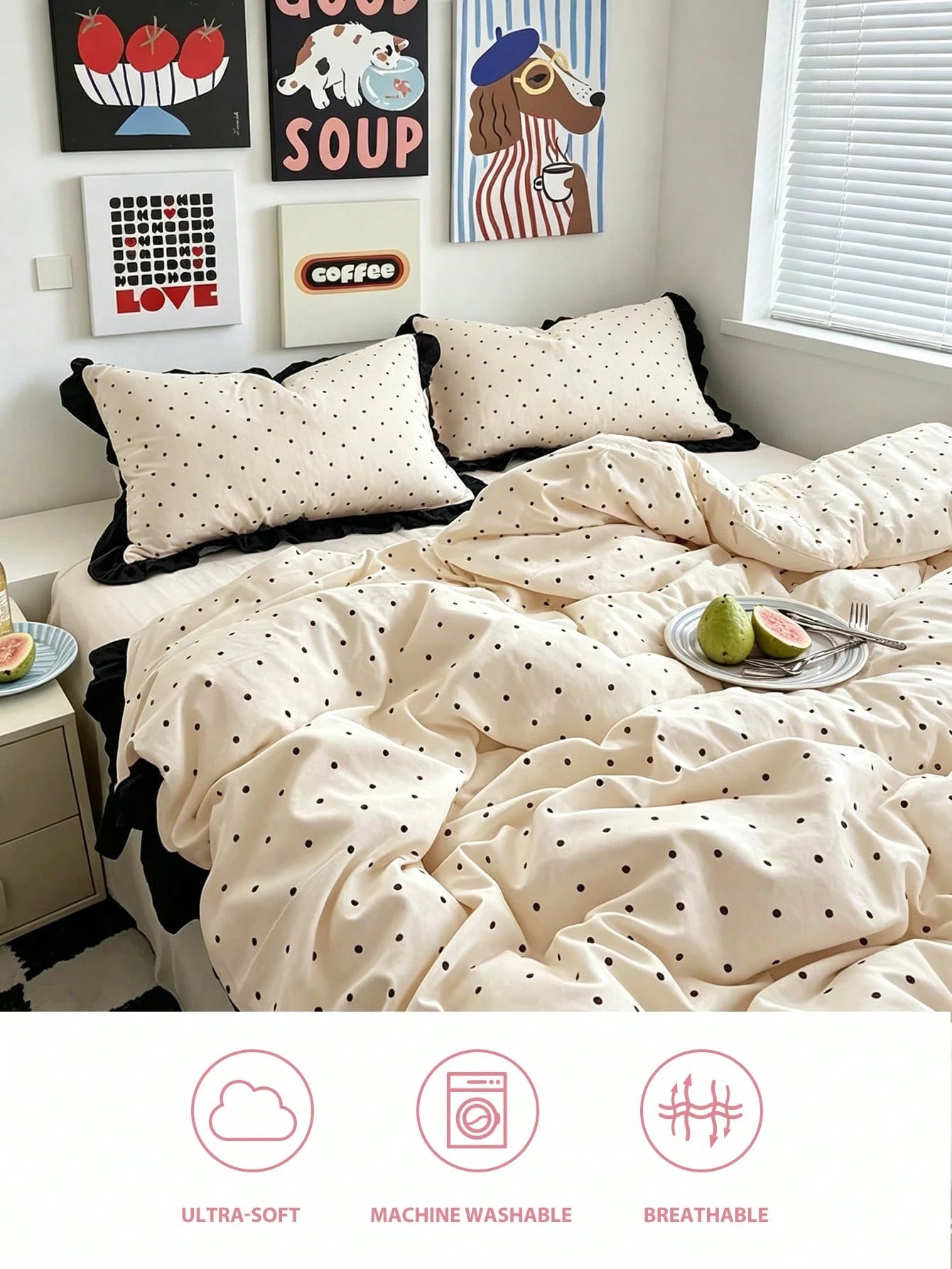 HONEYMOON 2/3pcs Beige Polka Dot Printed Lace Duvet Cover Set (2pcs = 1 Duvet Cover + 1 Pillowcase; 3pcs = 1 Duvet Cover + 2 Pillowcases)- 100% Polyester INS Style Printed Fabric, Soft And Breathable