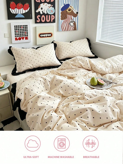 HONEYMOON 2/3pcs Beige Polka Dot Printed Lace Duvet Cover Set (2pcs = 1 Duvet Cover + 1 Pillowcase; 3pcs = 1 Duvet Cover + 2 Pillowcases)- 100% Polyester INS Style Printed Fabric, Soft And Breathable
