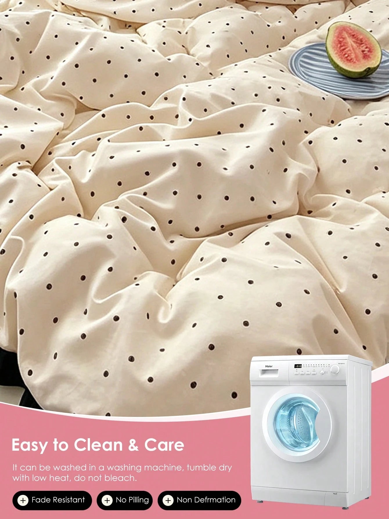 HONEYMOON 2/3pcs Beige Polka Dot Printed Lace Duvet Cover Set (2pcs = 1 Duvet Cover + 1 Pillowcase; 3pcs = 1 Duvet Cover + 2 Pillowcases)- 100% Polyester INS Style Printed Fabric, Soft And Breathable