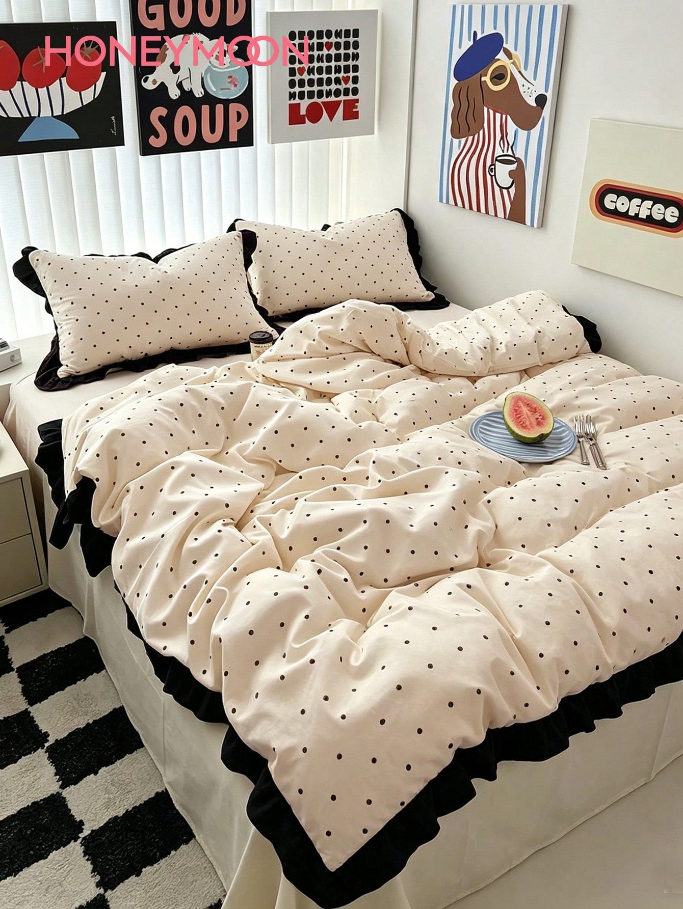 HONEYMOON 2/3pcs Beige Polka Dot Printed Lace Duvet Cover Set (2pcs = 1 Duvet Cover + 1 Pillowcase; 3pcs = 1 Duvet Cover + 2 Pillowcases)- 100% Polyester INS Style Printed Fabric, Soft And Breathable