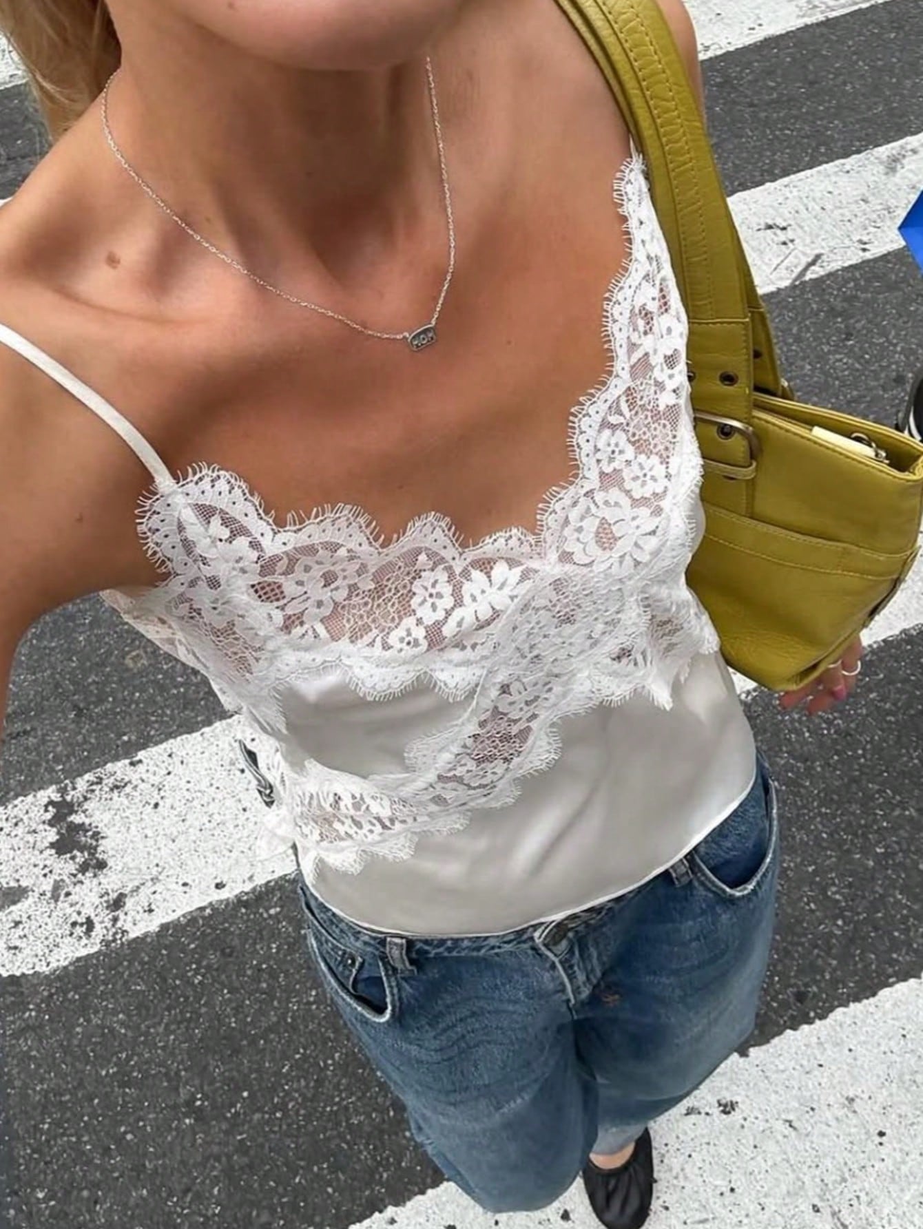 HUACAITA Summer Minimalist Sexy Lace Criss-Cross Patchwork Satin Design Camisole Tank Top, Outerwear Inner Layer, Relaxed Casual Top White