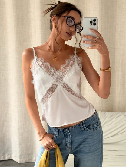 HUACAITA Summer Minimalist Sexy Lace Criss-Cross Patchwork Satin Design Camisole Tank Top, Outerwear Inner Layer, Relaxed Casual Top White