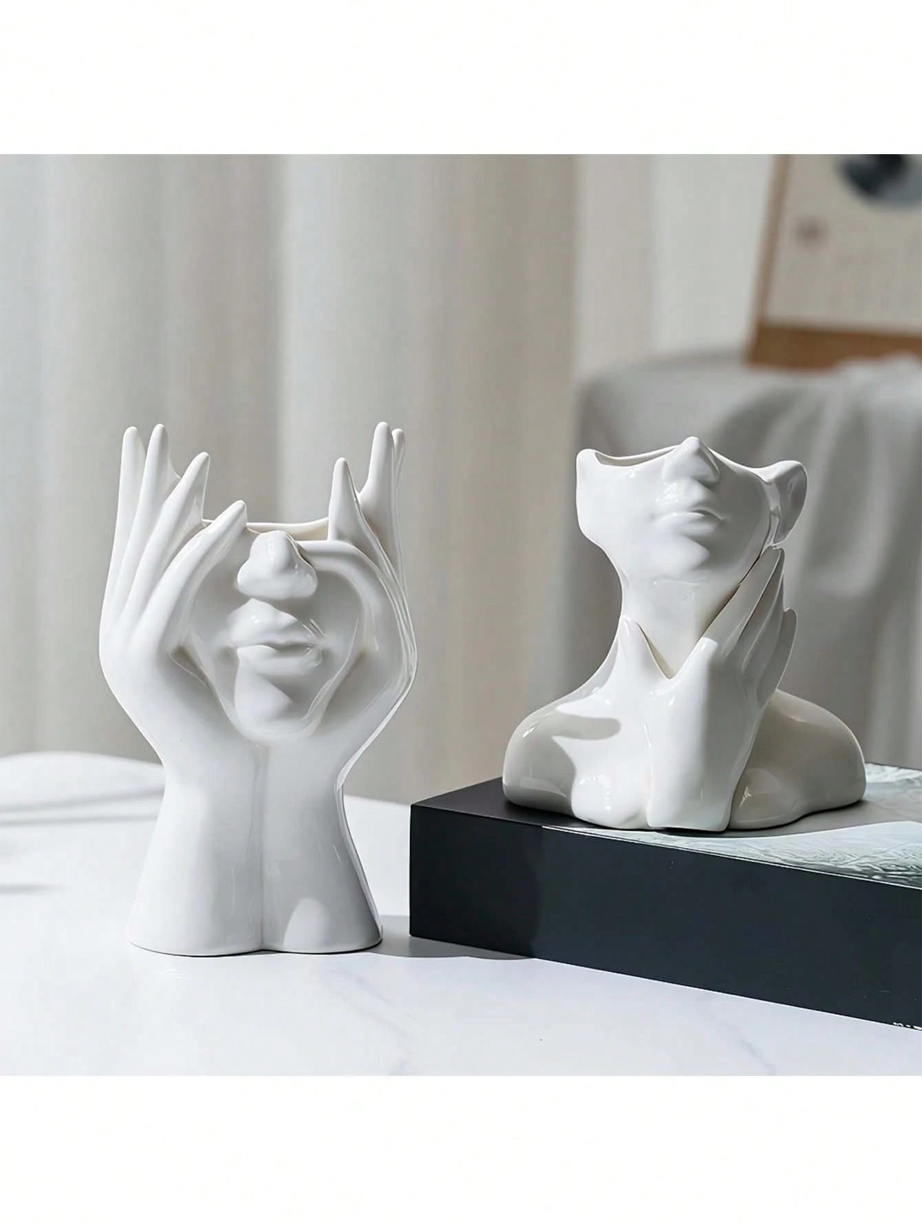 Human Body Art Sculpture Makeup Brush Holder Pen Pot- Desktop Living Room Decor Plastic Storage Box- Art Pen Pot- Human Face Flower Vase Ornament- Makeup Vanity Organizer- Fashion Storage Box- D