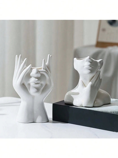 Human Body Art Sculpture Makeup Brush Holder Pen Pot- Desktop Living Room Decor Plastic Storage Box- Art Pen Pot- Human Face Flower Vase Ornament- Makeup Vanity Organizer- Fashion Storage Box- D