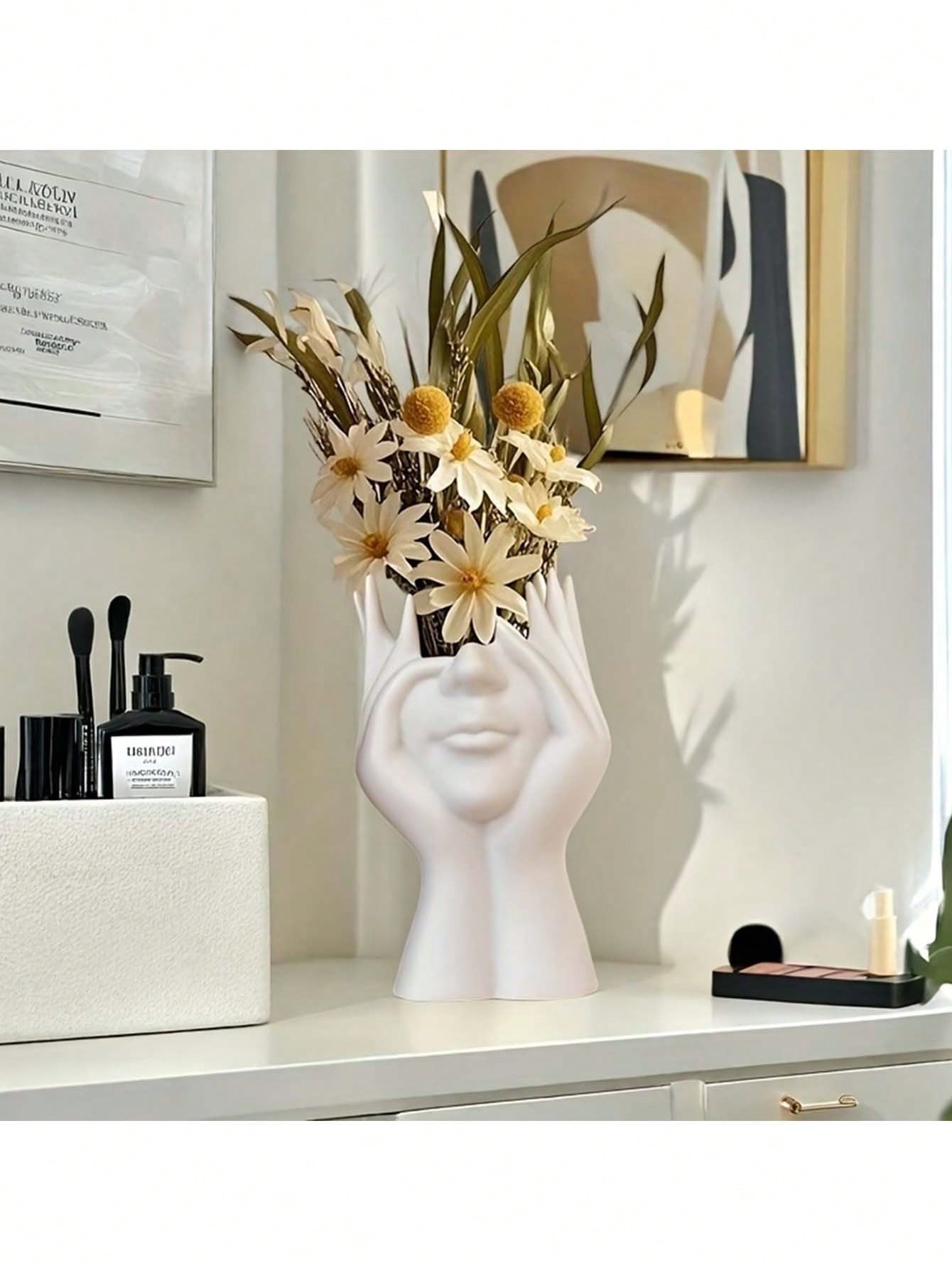 Human Body Art Sculpture Makeup Brush Holder Pen Pot- Desktop Living Room Decor Plastic Storage Box- Art Pen Pot- Human Face Flower Vase Ornament- Makeup Vanity Organizer- Fashion Storage Box- D