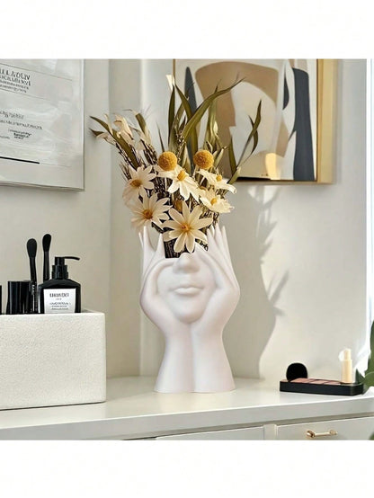 Human Body Art Sculpture Makeup Brush Holder Pen Pot- Desktop Living Room Decor Plastic Storage Box- Art Pen Pot- Human Face Flower Vase Ornament- Makeup Vanity Organizer- Fashion Storage Box- D
