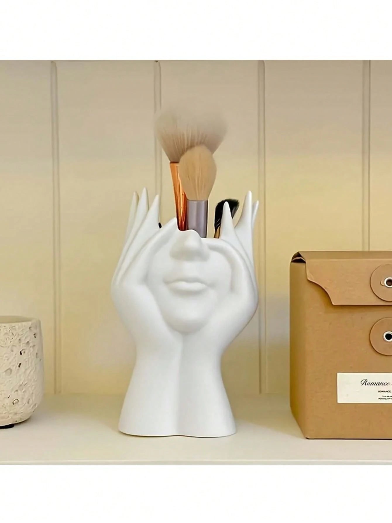 Human Body Art Sculpture Makeup Brush Holder Pen Pot- Desktop Living Room Decor Plastic Storage Box- Art Pen Pot- Human Face Flower Vase Ornament- Makeup Vanity Organizer- Fashion Storage Box- D