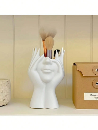 Human Body Art Sculpture Makeup Brush Holder Pen Pot- Desktop Living Room Decor Plastic Storage Box- Art Pen Pot- Human Face Flower Vase Ornament- Makeup Vanity Organizer- Fashion Storage Box- D