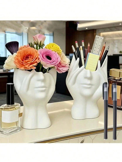Human Body Art Sculpture Makeup Brush Holder Pen Pot- Desktop Living Room Decor Plastic Storage Box- Art Pen Pot- Human Face Flower Vase Ornament- Makeup Vanity Organizer- Fashion Storage Box- D