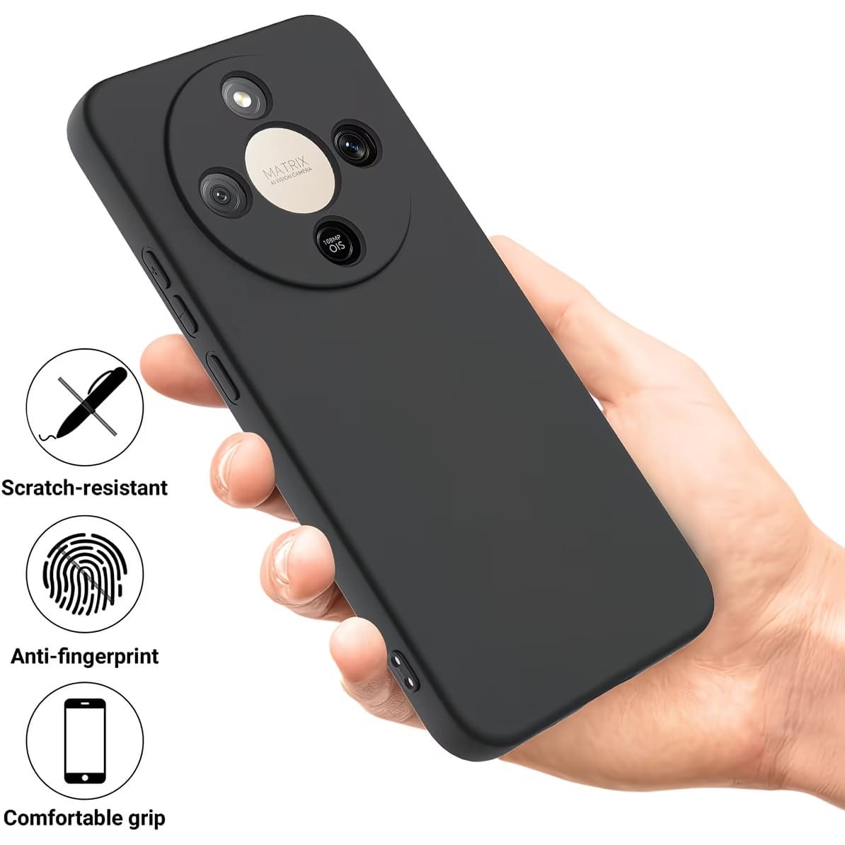 HW And Honor Series Matte Black Non-Slip Phone Case Fingerprint & Stain Resistant Soft TPU Back Cover Raised Screen & Camera Protection Shock Resistant Anti-Collision Exact Cutouts Slim Full Body Dura