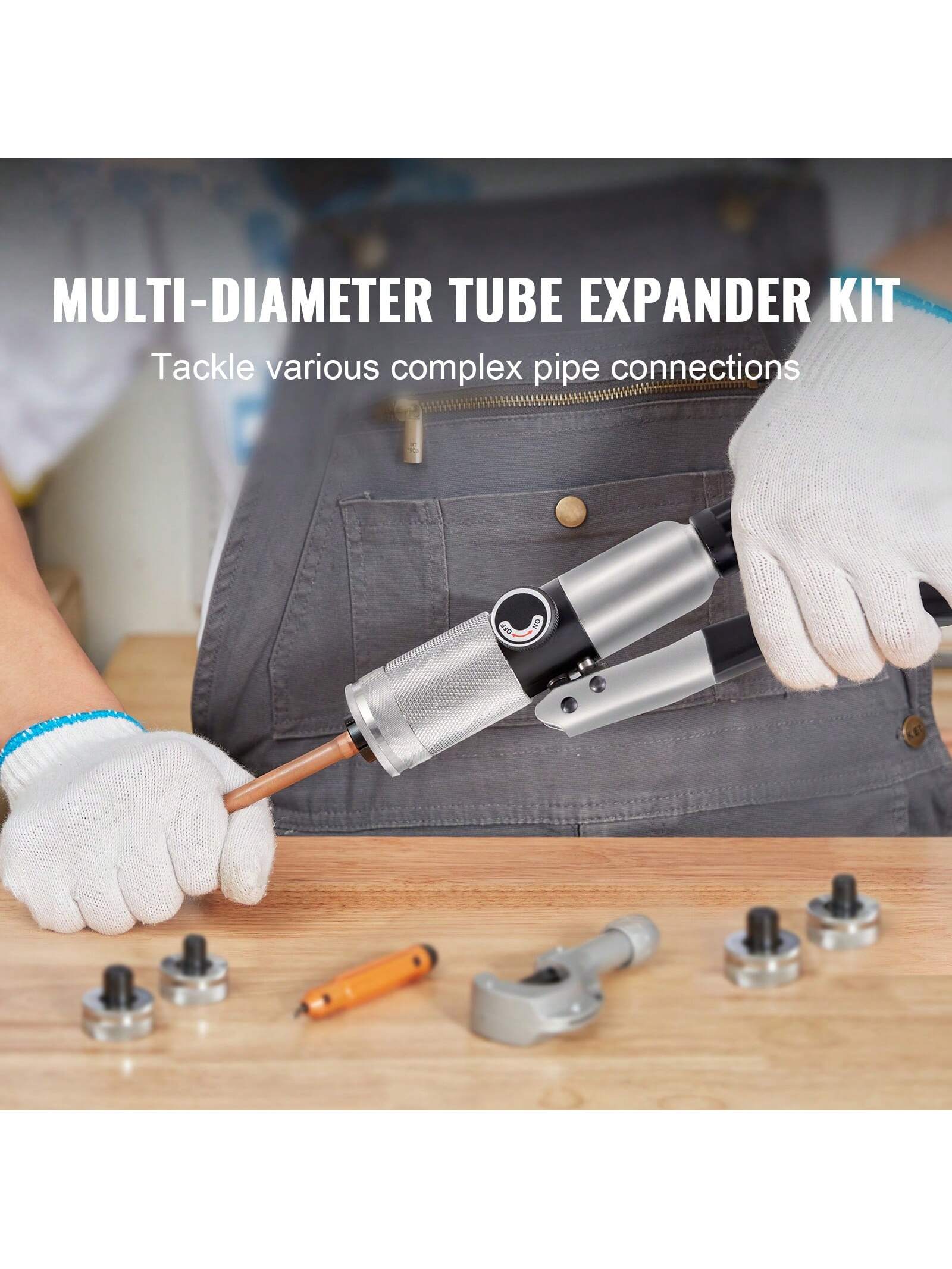 Hydraulic Tube Expander, 1/2" Or 3/8" Or 3/16" Or 1/4" Or 5/16" To 1-1/8" OD, HAVC Hydraulic Crimp Tool With 7 Expanding Tips, Deburring Tool, Copper Aluminum Brass Soft Steel Tube Cutter
