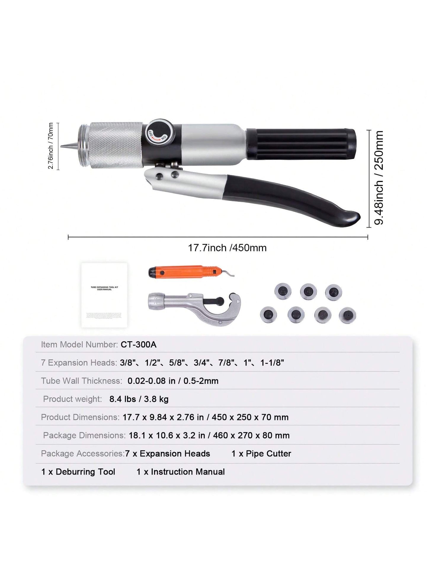 Hydraulic Tube Expander, 1/2" Or 3/8" Or 3/16" Or 1/4" Or 5/16" To 1-1/8" OD, HAVC Hydraulic Crimp Tool With 7 Expanding Tips, Deburring Tool, Copper Aluminum Brass Soft Steel Tube Cutter