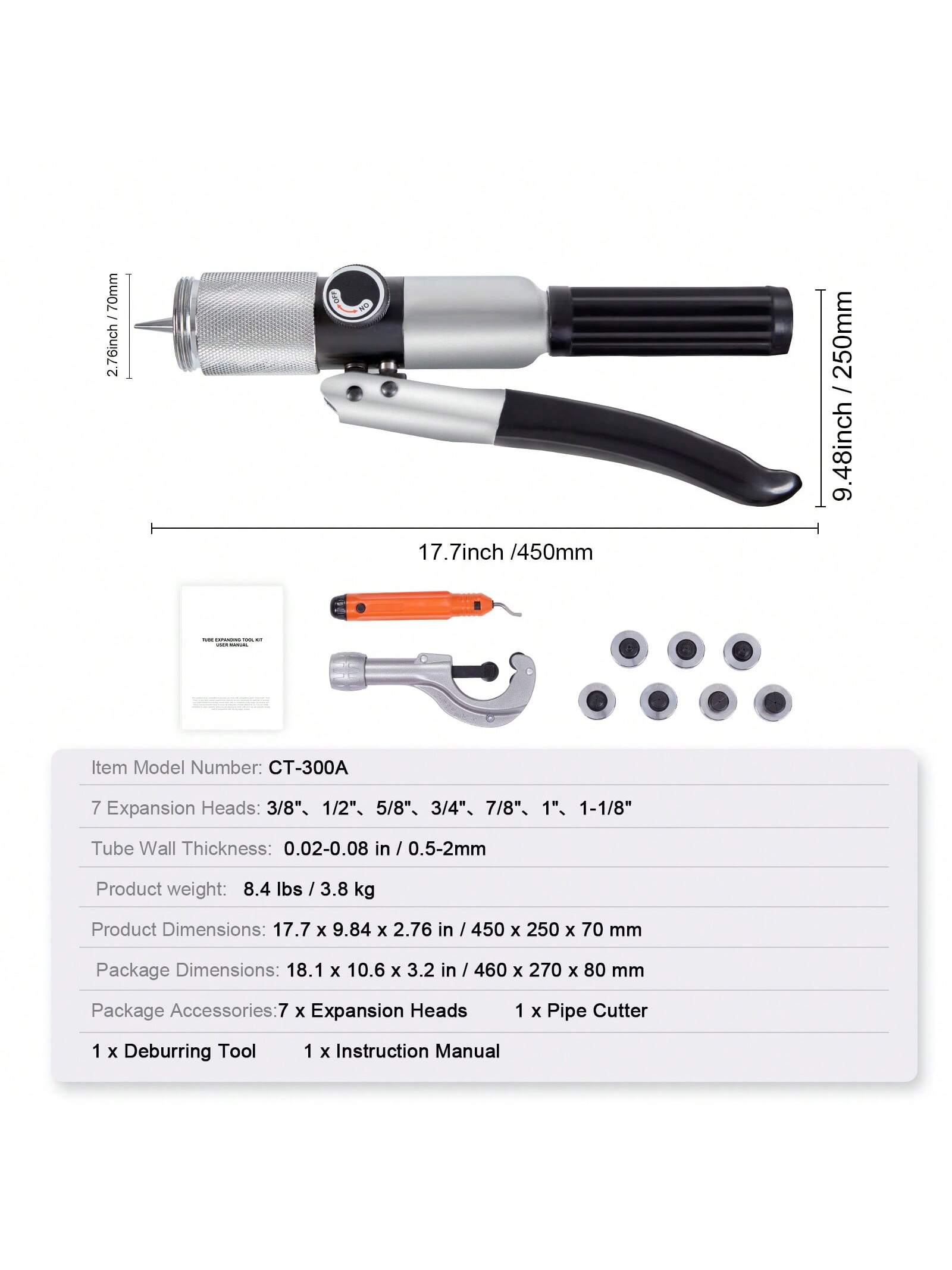 Hydraulic Tube Expander, 1/2" Or 3/8" Or 3/16" Or 1/4" Or 5/16" To 1-1/8" OD, HAVC Hydraulic Crimp Tool With 7 Expanding Tips, Deburring Tool, Copper Aluminum Brass Soft Steel Tube Cutter