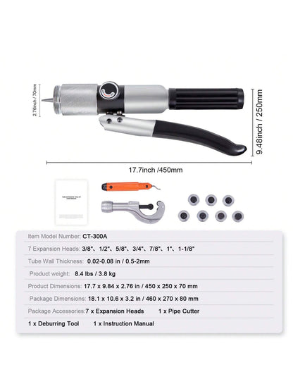 Hydraulic Tube Expander, 1/2" Or 3/8" Or 3/16" Or 1/4" Or 5/16" To 1-1/8" OD, HAVC Hydraulic Crimp Tool With 7 Expanding Tips, Deburring Tool, Copper Aluminum Brass Soft Steel Tube Cutter