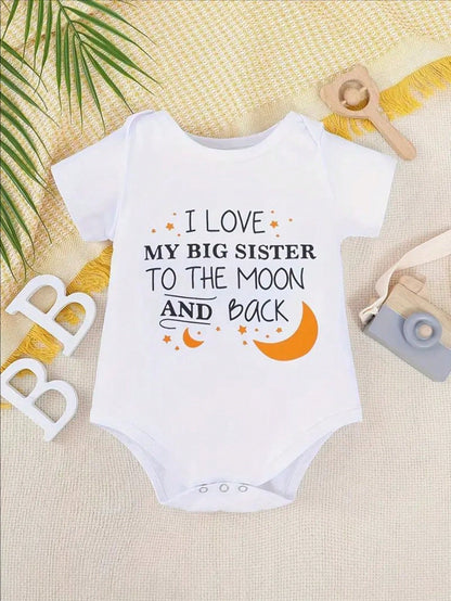 "I Love My Big Sister To The Moon And Back" Bodysuit, Short Sleeves Summer Bodysuit, Soft Comfortable Breathable Cotton Baby For Summer Outdoor Wear