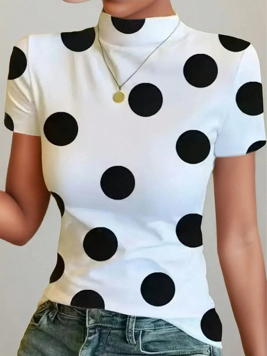 Ice Silk Knit Mock Neck Short Sleeve T-Shirt, Women Fashion Print Casual Top For Summer White