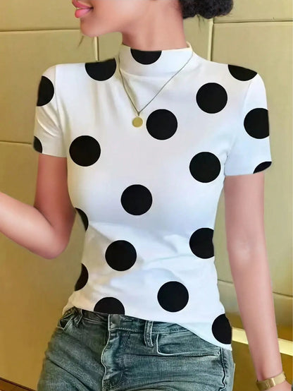 Ice Silk Knit Mock Neck Short Sleeve T-Shirt, Women Fashion Print Casual Top For Summer White