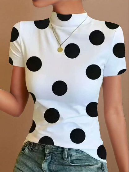 Ice Silk Knit Mock Neck Short Sleeve T-Shirt, Women Fashion Print Casual Top For Summer White